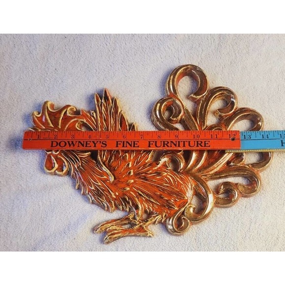 VTG MCM Plaster Fighting Rooster Wall Decor Plaster Plaque Red Gold Drip Glaze - Picture 3 of 9